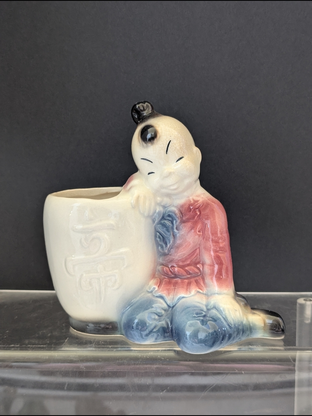 Vintage Ceramic Figurine Planter - Cream, Red & Blue Home Art
